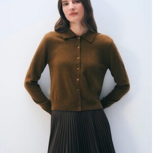 NWT White + Warren Cashmere Collared Cardigan Cardigan in Golden Brown, Size XS